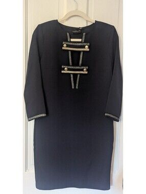 NWT BEAUTIFUL ATOS LOMBARDINI BLU NOTTE GOLD BUTTON SHEATH DRESS | IT 40 or US 4